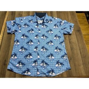 BC Collection Button Down Mens 3XL Blue Adult Palm Tree Print Short Sleeve
